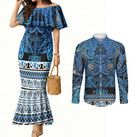 Aotearoa Iwi Ngati Porou Couples Matching Mermaid Dress and Long Sleeve Button Shirt Maori Wharenui House Tribal Pattern