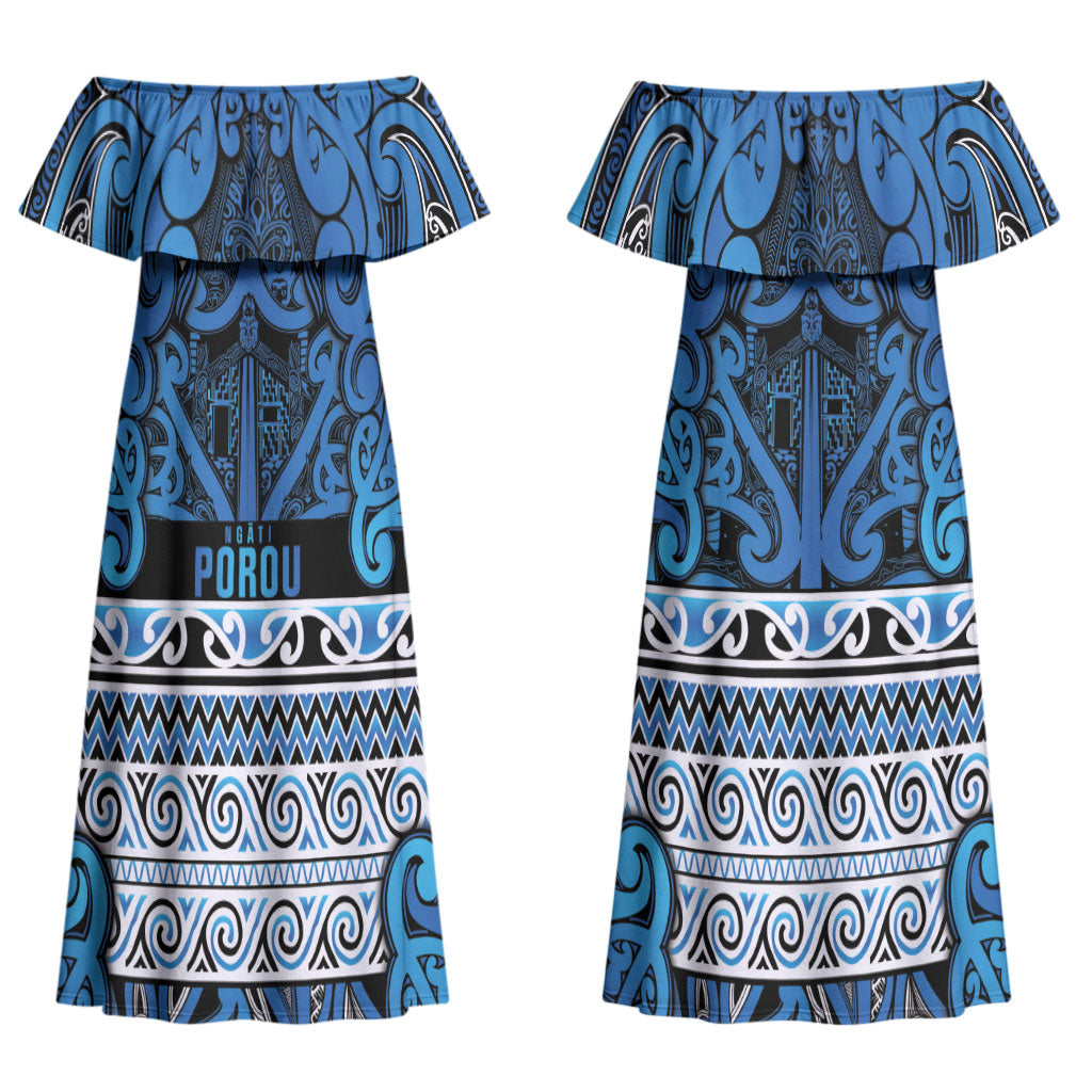 Aotearoa Iwi Ngati Porou Couples Matching Off Shoulder Maxi Dress and Hawaiian Shirt Maori Wharenui House Tribal Pattern