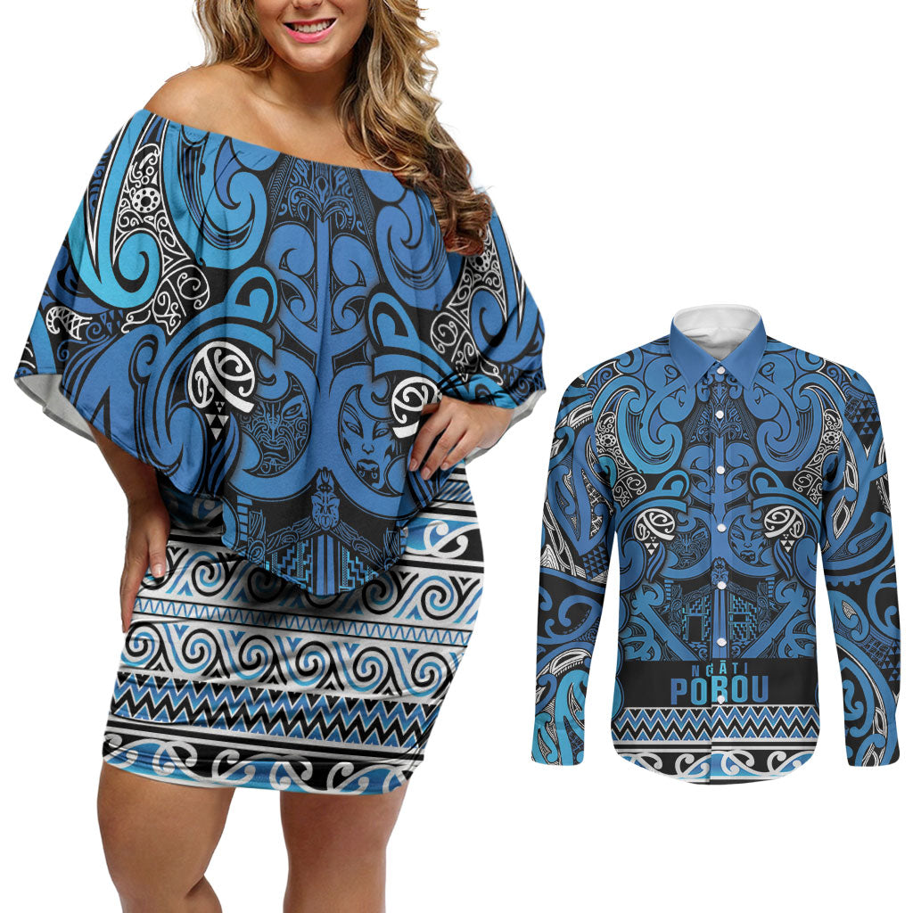 Aotearoa Iwi Ngati Porou Couples Matching Off Shoulder Short Dress and Long Sleeve Button Shirt Maori Wharenui House Tribal Pattern