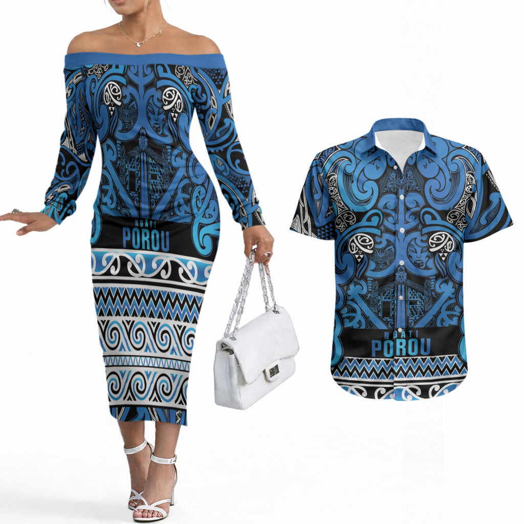 Aotearoa Iwi Ngati Porou Couples Matching Off The Shoulder Long Sleeve Dress and Hawaiian Shirt Maori Wharenui House Tribal Pattern LT9 Blue - Polynesian Pride