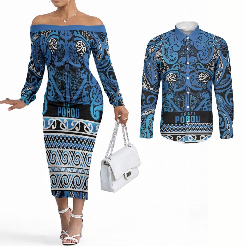 Aotearoa Iwi Ngati Porou Couples Matching Off The Shoulder Long Sleeve Dress and Long Sleeve Button Shirt Maori Wharenui House Tribal Pattern LT9 Blue - Polynesian Pride