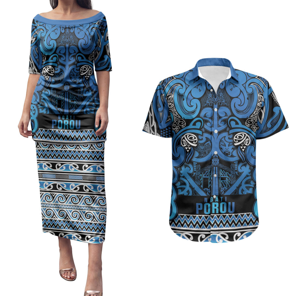 Aotearoa Iwi Ngati Porou Couples Matching Puletasi and Hawaiian Shirt Maori Wharenui House Tribal Pattern LT9 Blue - Polynesian Pride