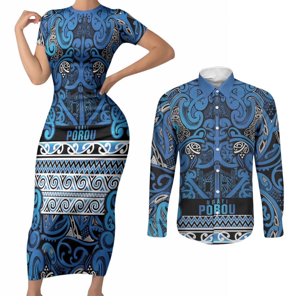 Aotearoa Iwi Ngati Porou Couples Matching Short Sleeve Bodycon Dress and Long Sleeve Button Shirt Maori Wharenui House Tribal Pattern LT9 Blue - Polynesian Pride