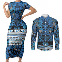 Aotearoa Iwi Ngati Porou Couples Matching Short Sleeve Bodycon Dress and Long Sleeve Button Shirt Maori Wharenui House Tribal Pattern