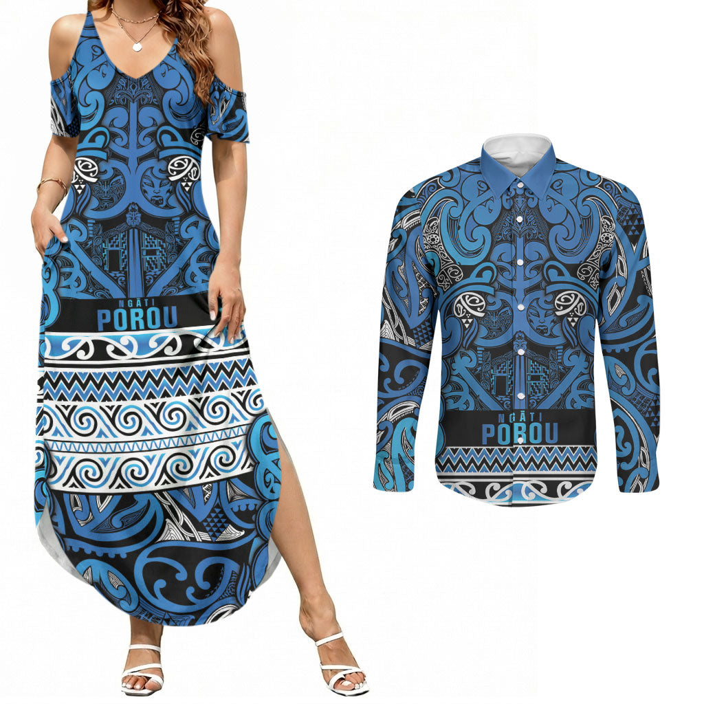 Aotearoa Iwi Ngati Porou Couples Matching Summer Maxi Dress and Long Sleeve Button Shirt Maori Wharenui House Tribal Pattern LT9 Blue - Polynesian Pride