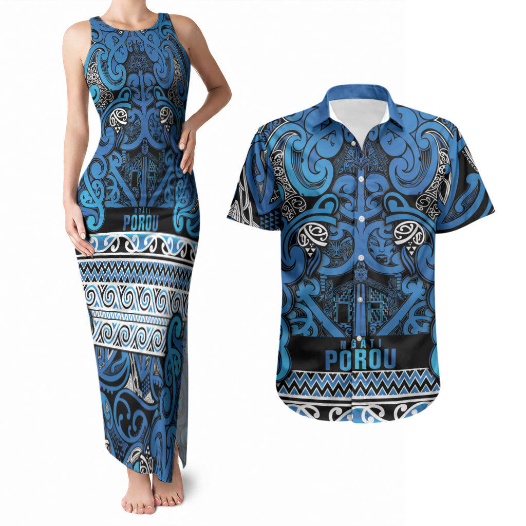 Aotearoa Iwi Ngati Porou Couples Matching Tank Maxi Dress and Hawaiian Shirt Maori Wharenui House Tribal Pattern LT9 Blue - Polynesian Pride