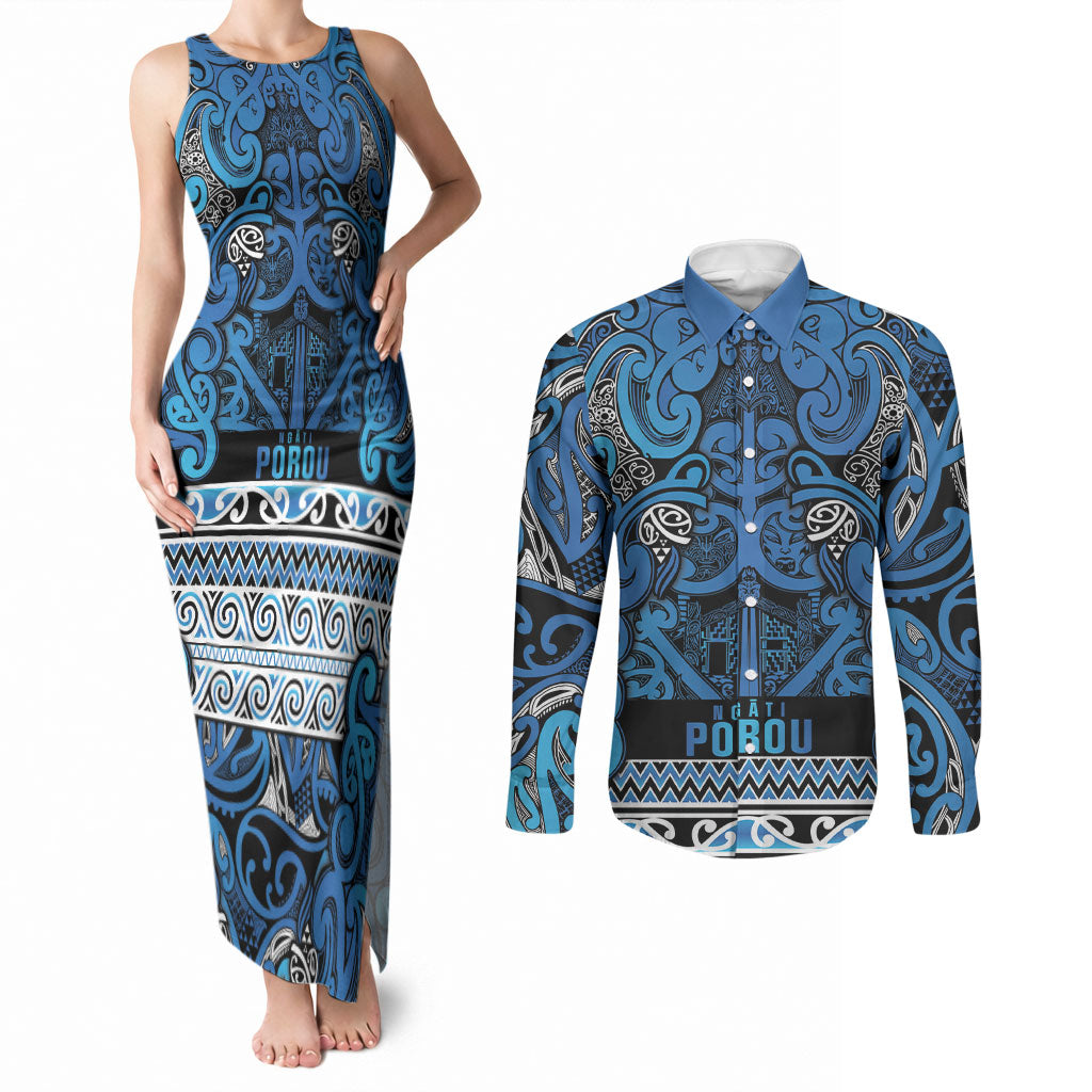 Aotearoa Iwi Ngati Porou Couples Matching Tank Maxi Dress and Long Sleeve Button Shirt Maori Wharenui House Tribal Pattern