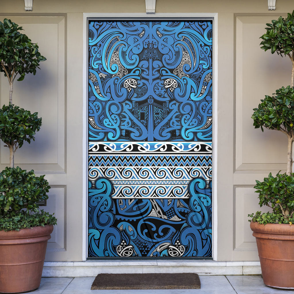Aotearoa Iwi Ngati Porou Door Cover Maori Wharenui House Tribal Pattern LT9 Blue - Polynesian Pride