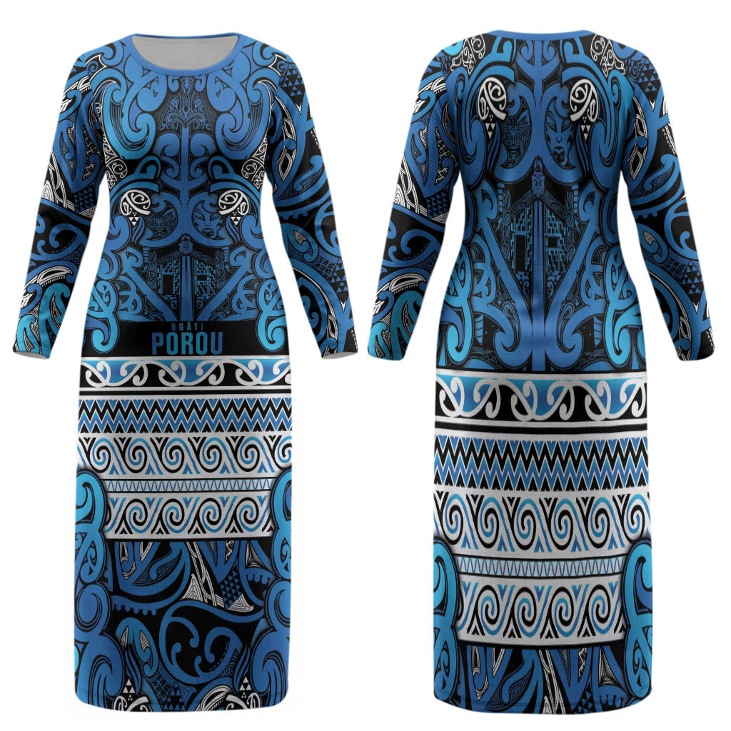 Aotearoa Iwi Ngati Porou Family Matching Long Sleeve Bodycon Dress and Hawaiian Shirt Maori Wharenui House Tribal Pattern