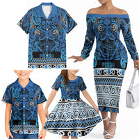 Aotearoa Iwi Ngati Porou Family Matching Off The Shoulder Long Sleeve Dress and Hawaiian Shirt Maori Wharenui House Tribal Pattern