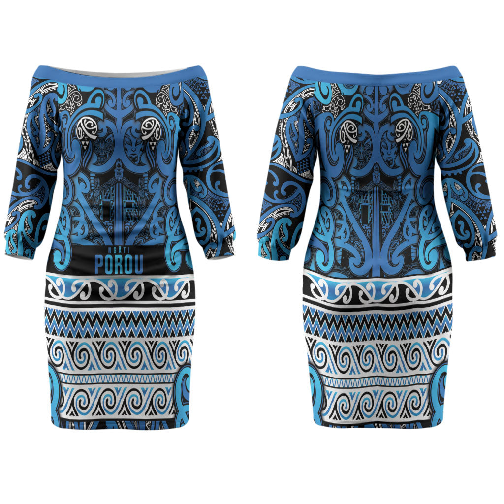 Aotearoa Iwi Ngati Porou Family Matching Off The Shoulder Long Sleeve Dress and Hawaiian Shirt Maori Wharenui House Tribal Pattern