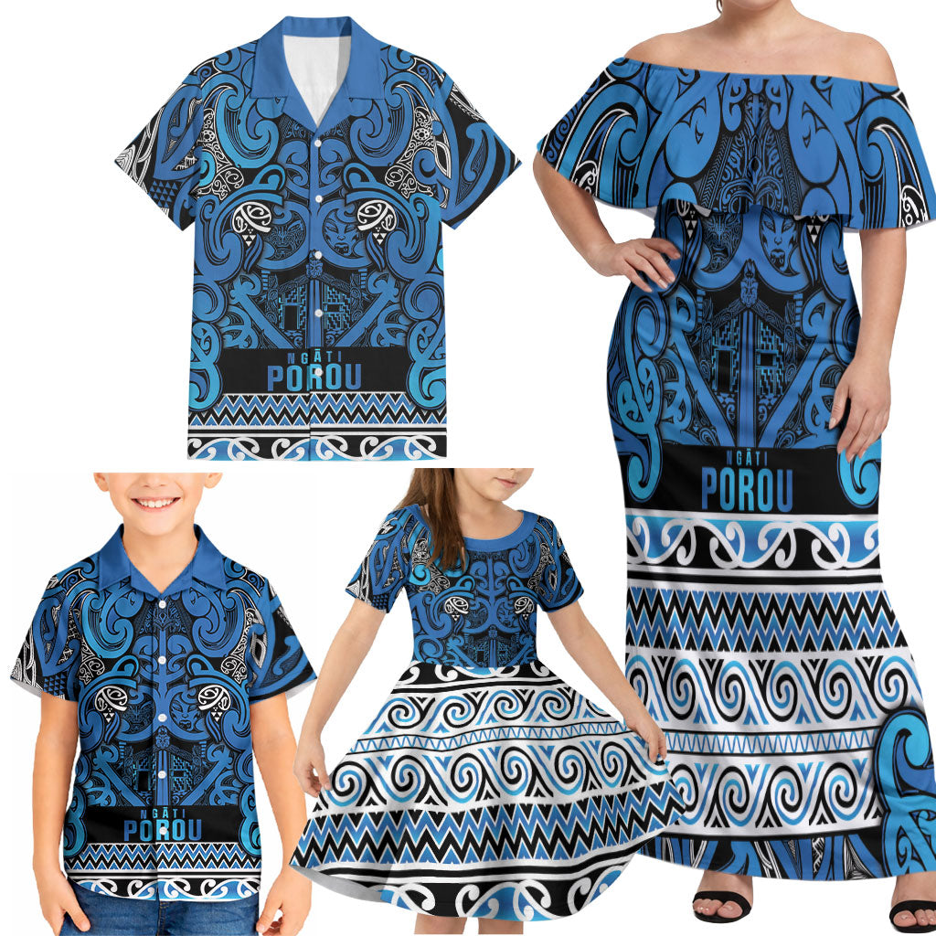 Aotearoa Iwi Ngati Porou Family Matching Off Shoulder Maxi Dress and Hawaiian Shirt Maori Wharenui House Tribal Pattern LT9 - Polynesian Pride