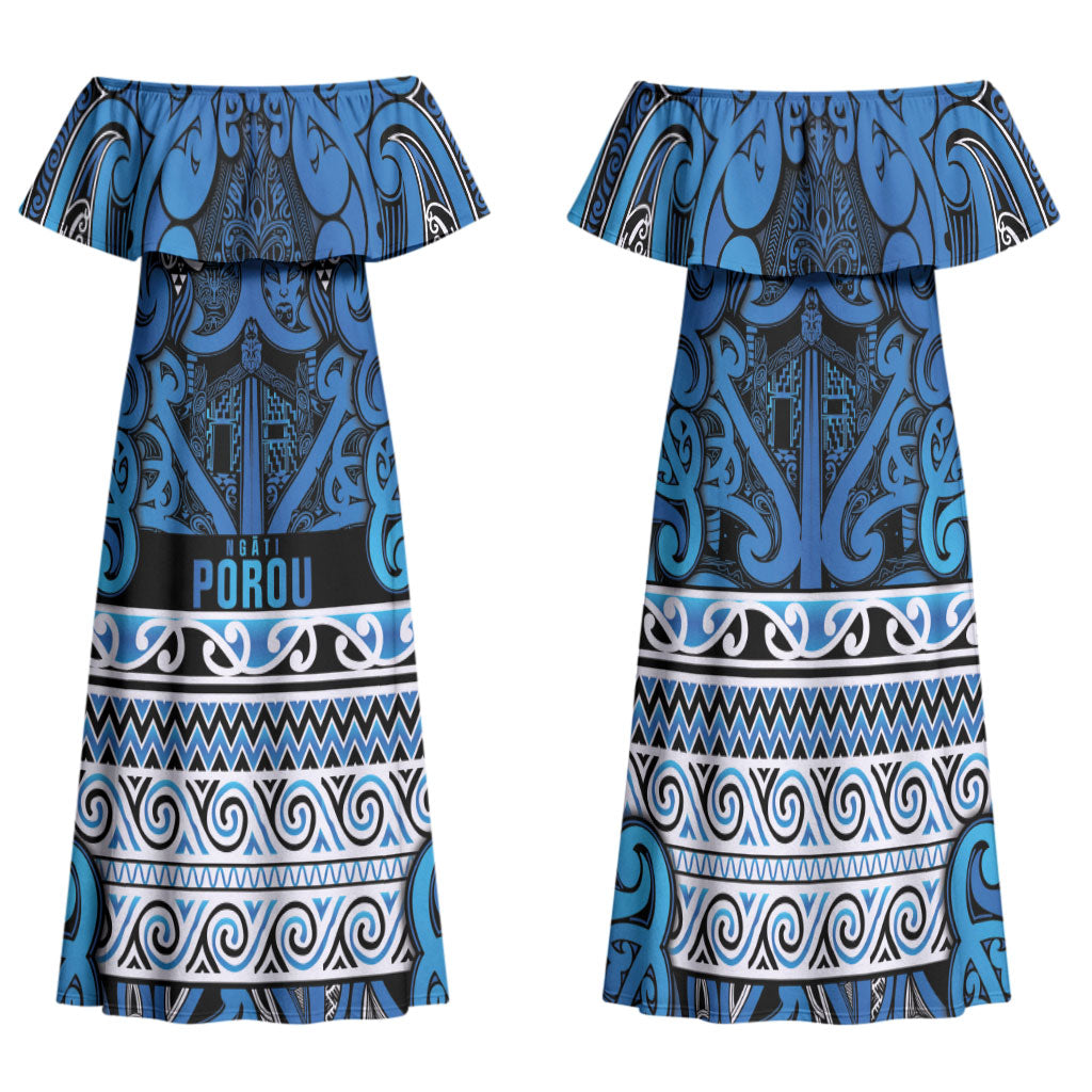 Aotearoa Iwi Ngati Porou Family Matching Off Shoulder Maxi Dress and Hawaiian Shirt Maori Wharenui House Tribal Pattern