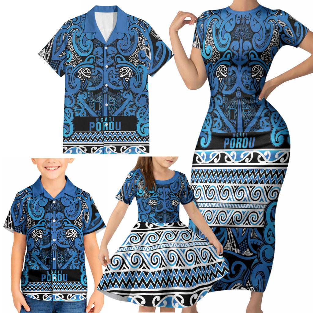 Aotearoa Iwi Ngati Porou Family Matching Short Sleeve Bodycon Dress and Hawaiian Shirt Maori Wharenui House Tribal Pattern LT9 - Polynesian Pride