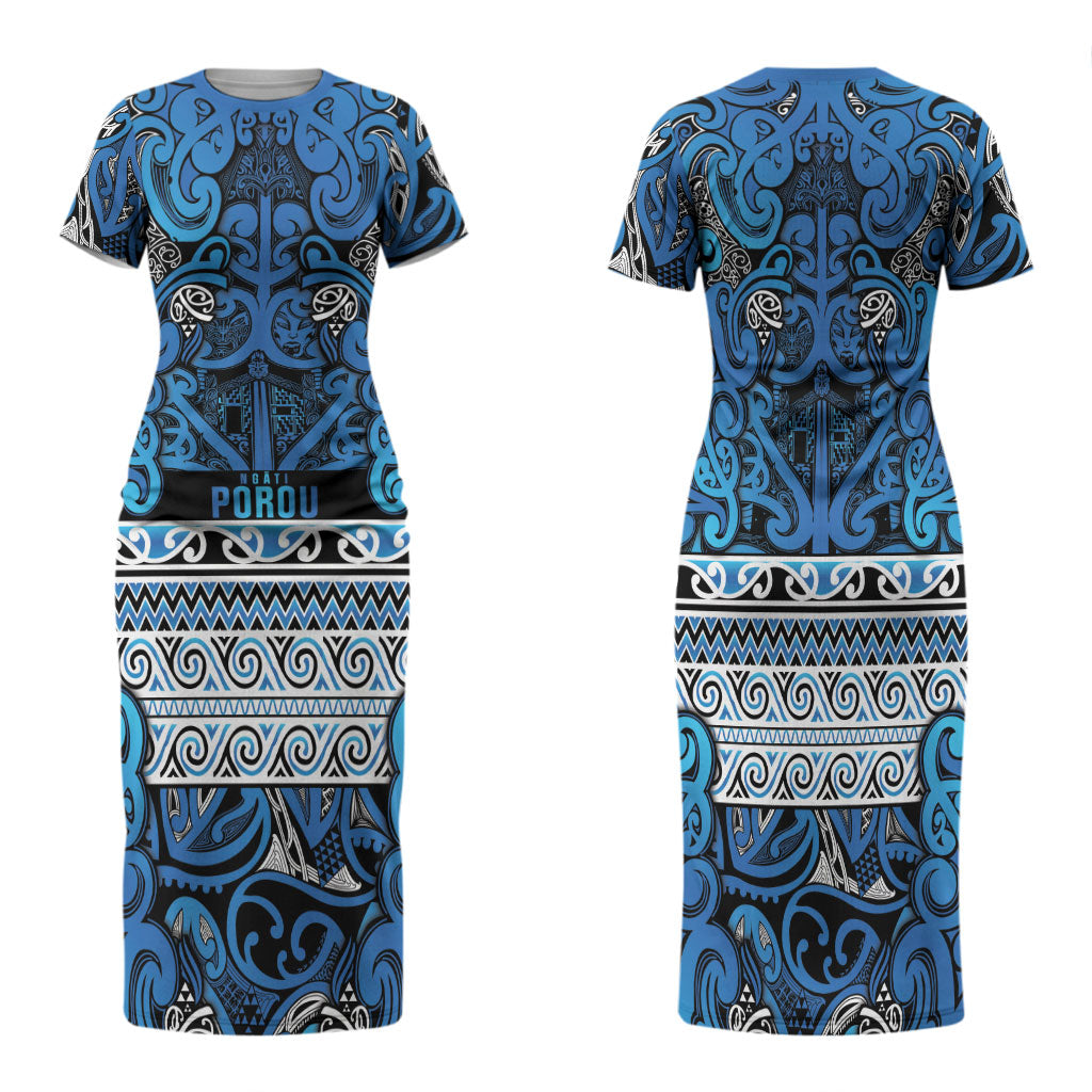 Aotearoa Iwi Ngati Porou Family Matching Short Sleeve Bodycon Dress and Hawaiian Shirt Maori Wharenui House Tribal Pattern
