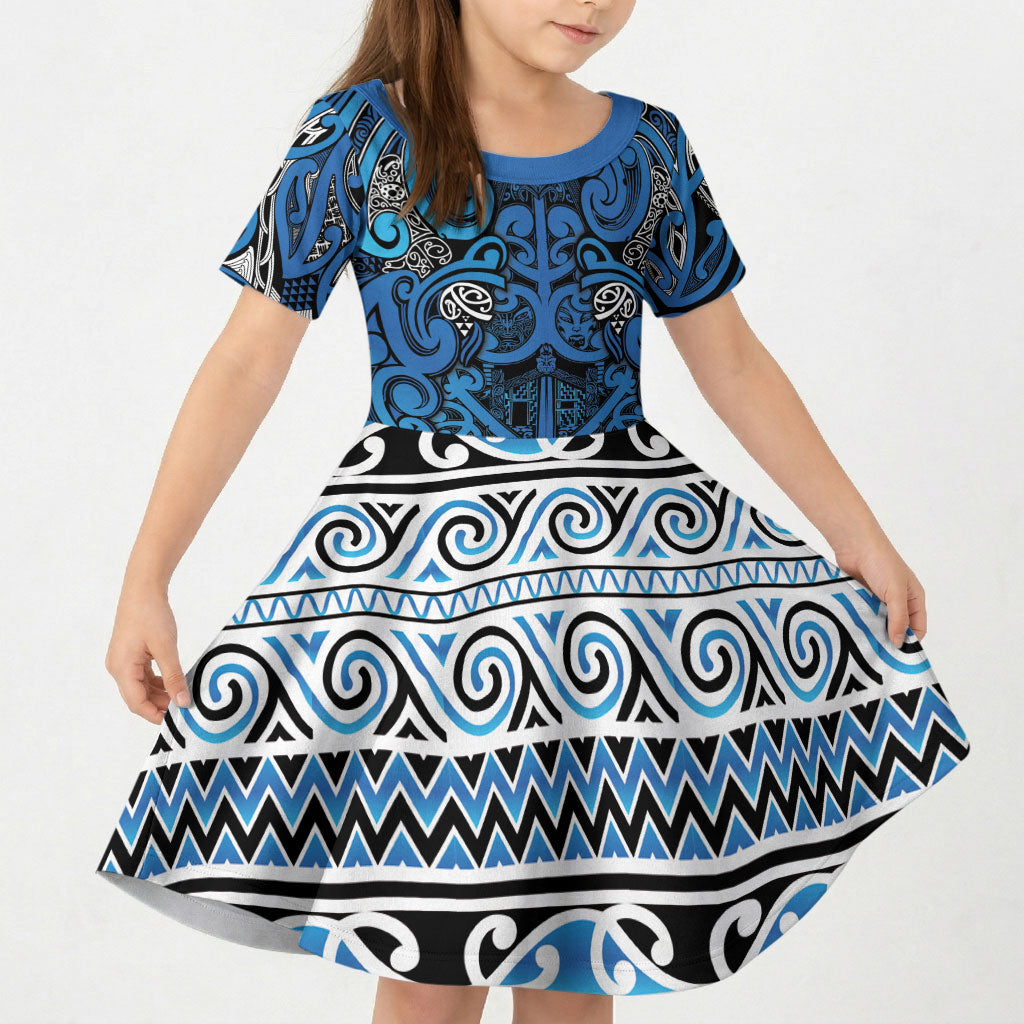 Aotearoa Iwi Ngati Porou Kid Short Sleeve Dress Maori Wharenui House Tribal Pattern LT9 KID Blue - Polynesian Pride