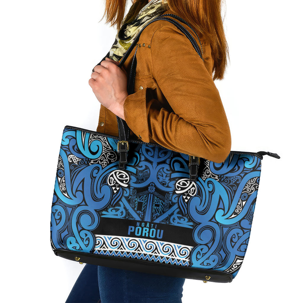 Aotearoa Iwi Ngati Porou Leather Tote Bag Maori Wharenui House Tribal Pattern
