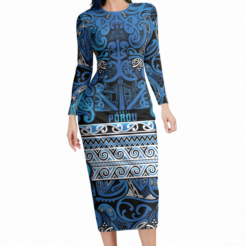 Aotearoa Iwi Ngati Porou Long Sleeve Bodycon Dress Maori Wharenui House Tribal Pattern LT9 Long Dress Blue - Polynesian Pride