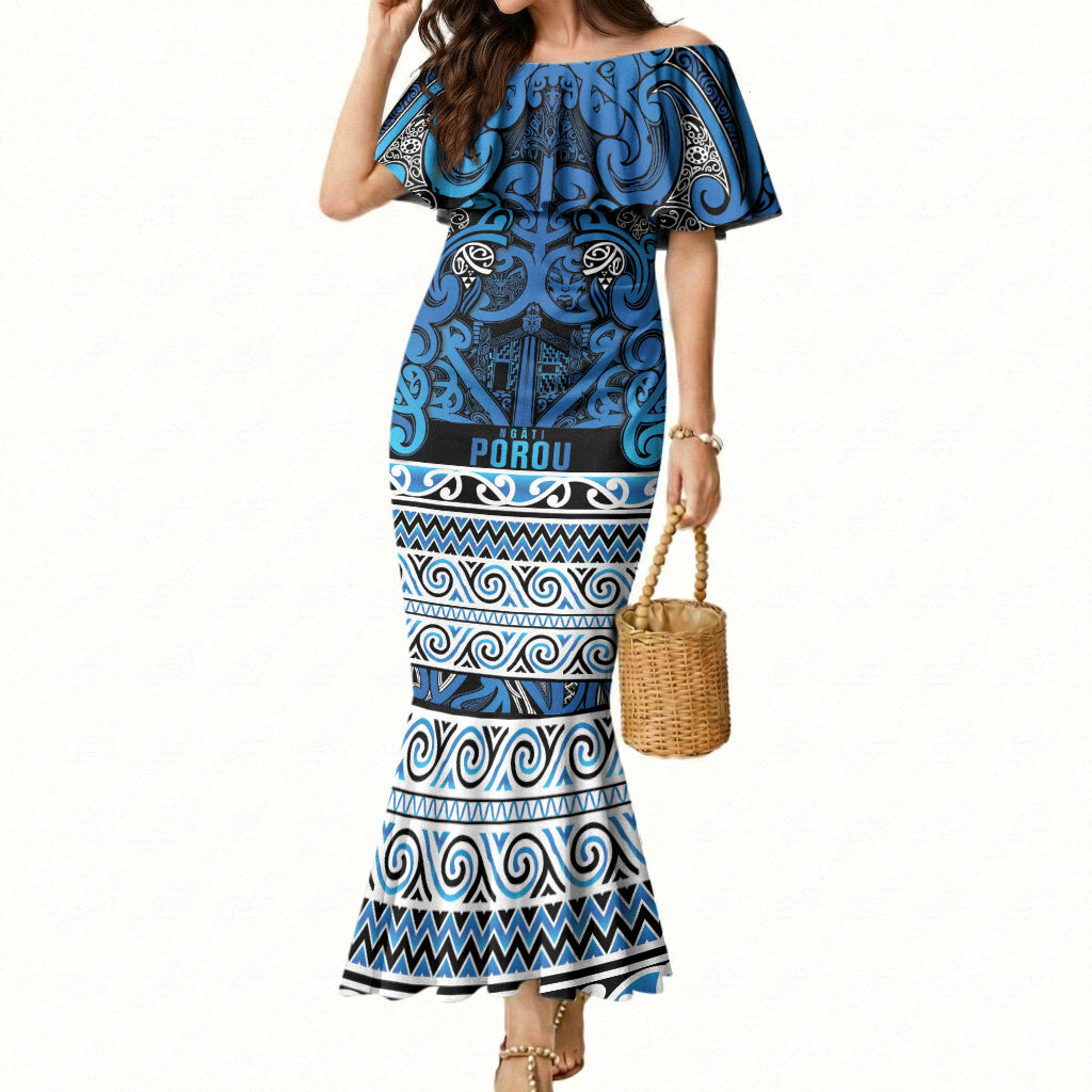 Aotearoa Iwi Ngati Porou Mermaid Dress Maori Wharenui House Tribal Pattern LT9 Women Blue - Polynesian Pride