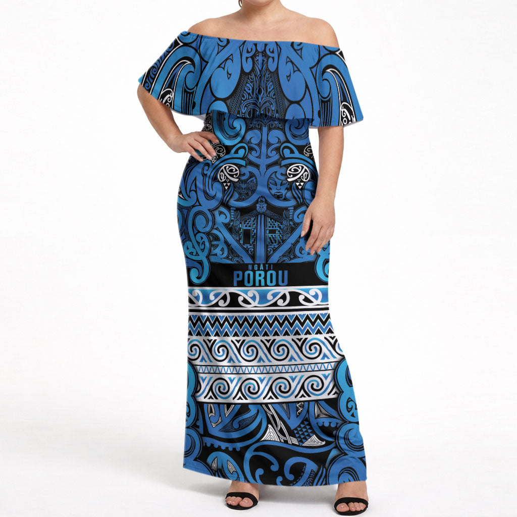 Aotearoa Iwi Ngati Porou Off Shoulder Maxi Dress Maori Wharenui House Tribal Pattern LT9 Women Blue - Polynesian Pride