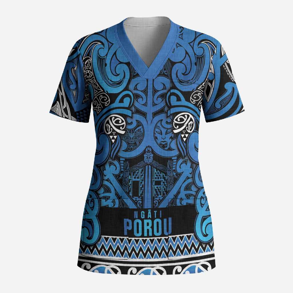Aotearoa Iwi Ngati Porou Scrub Top Maori Wharenui House Tribal Pattern LT9 Adult Blue - Polynesian Pride