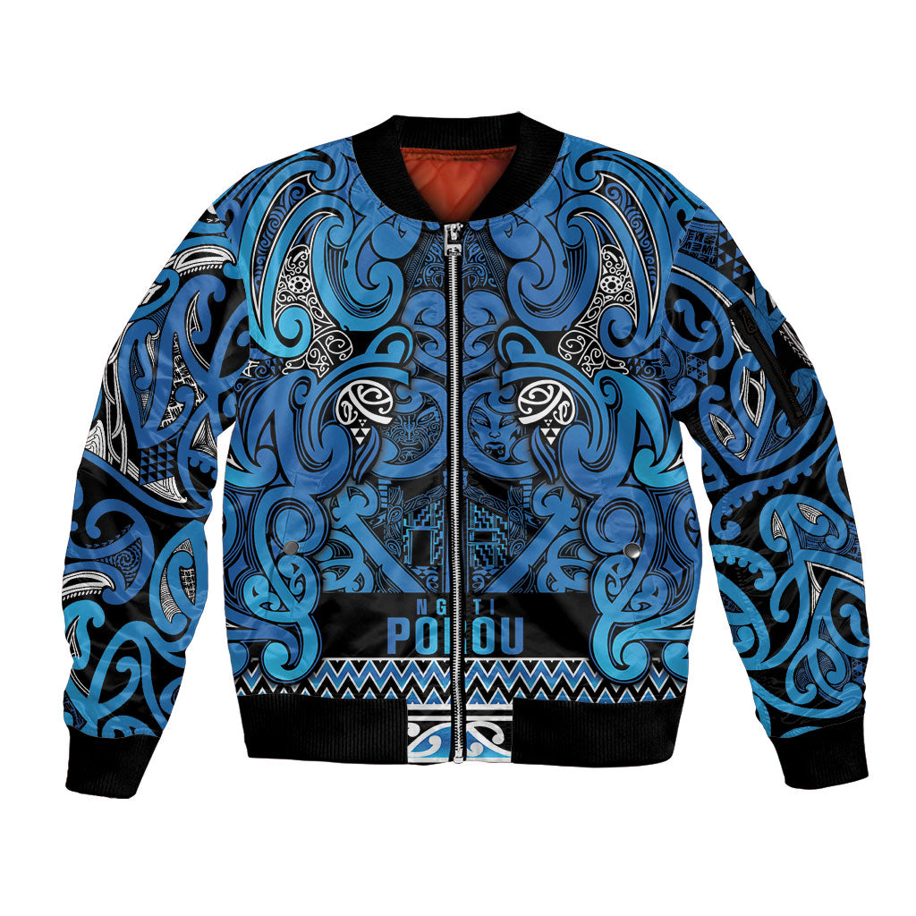 Aotearoa Iwi Ngati Porou Sleeve Zip Bomber Jacket Maori Wharenui House Tribal Pattern LT9 Unisex Blue - Polynesian Pride