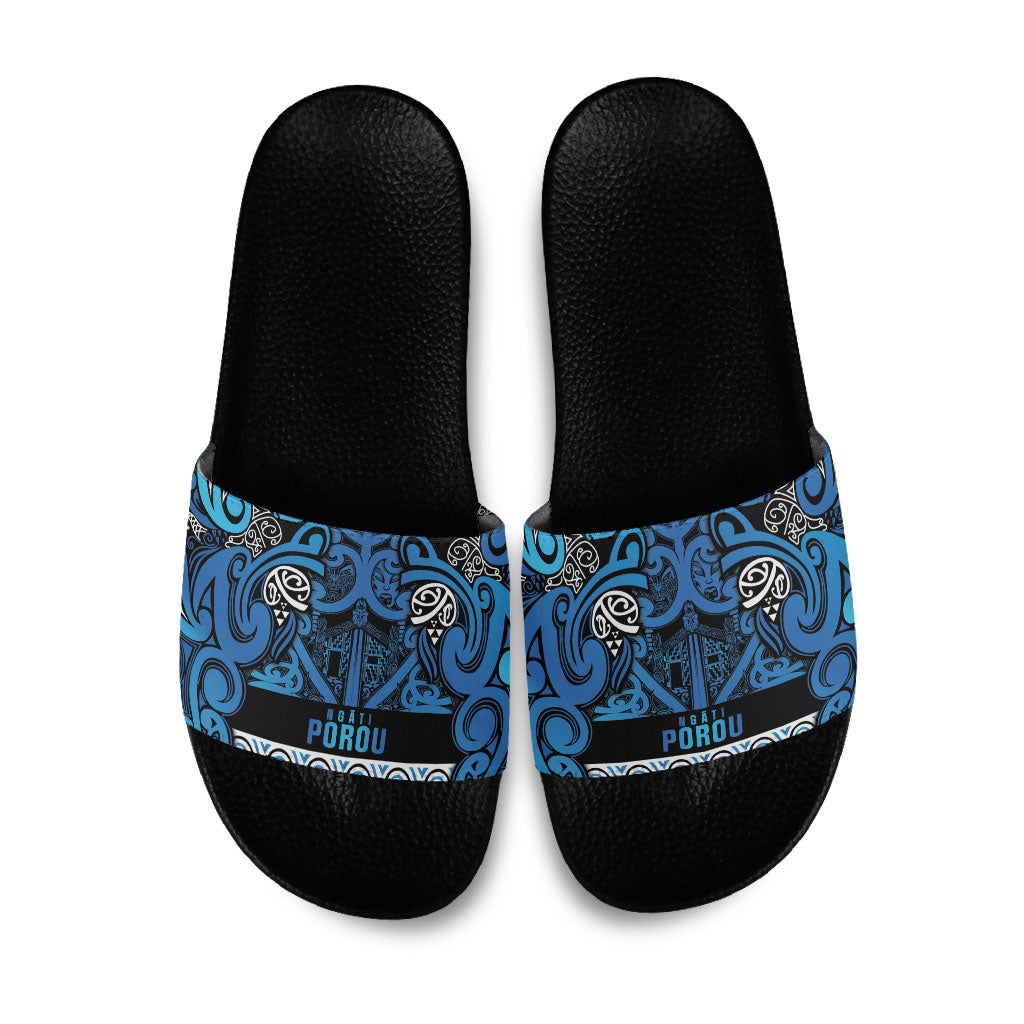 Aotearoa Iwi Ngati Porou Slide Sandals Maori Wharenui House Tribal Pattern