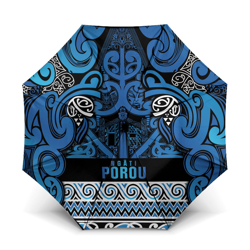 Aotearoa Iwi Ngati Porou Umbrella Maori Wharenui House Tribal Pattern LT9 One Size Folded 11.42 inch Opened Diameter 37.4 inch Blue - Polynesian Pride