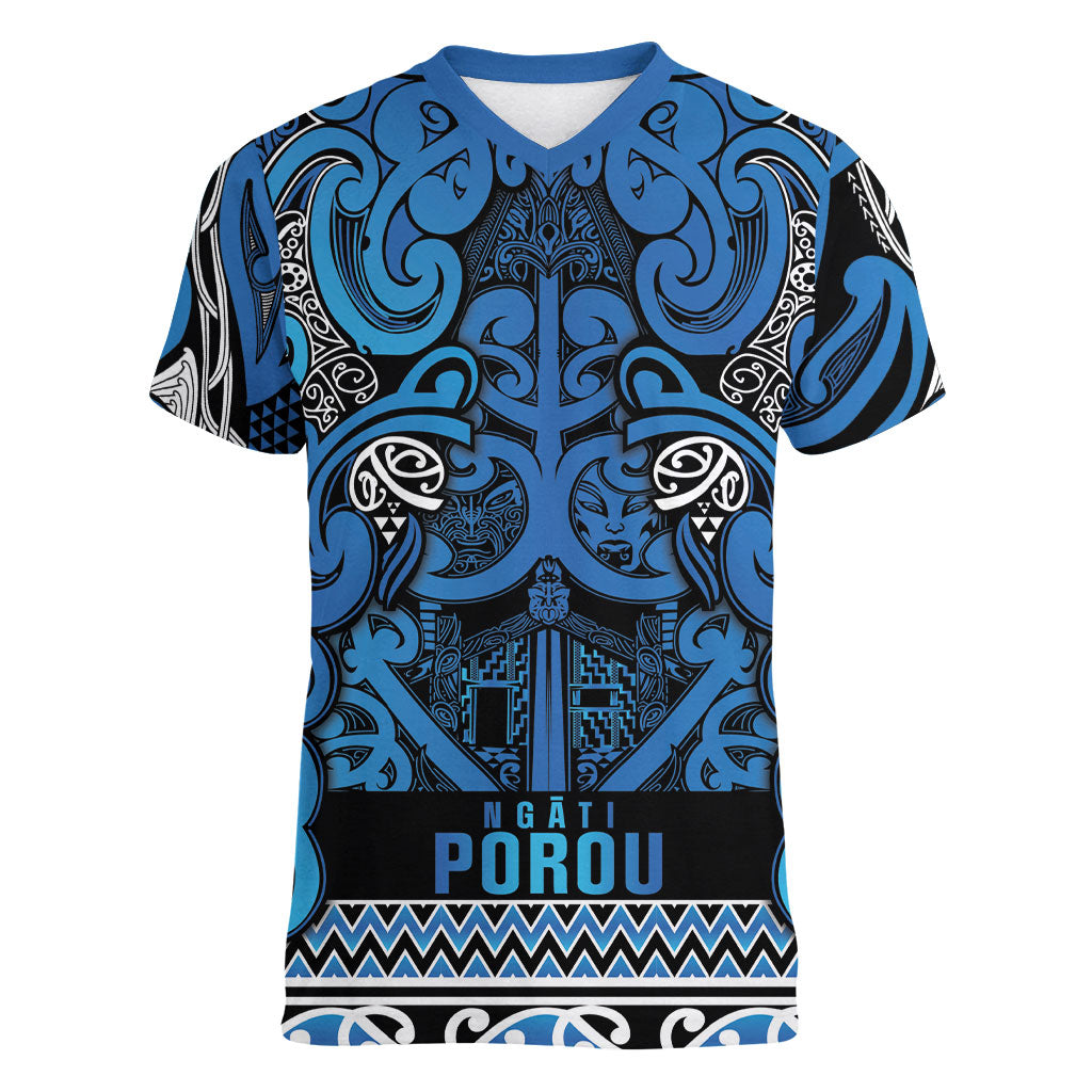 Aotearoa Iwi Ngati Porou Women V-Neck T-Shirt Maori Wharenui House Tribal Pattern LT9 Female Blue - Polynesian Pride