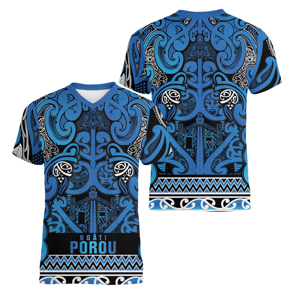 Aotearoa Iwi Ngati Porou Women V-Neck T-Shirt Maori Wharenui House Tribal Pattern