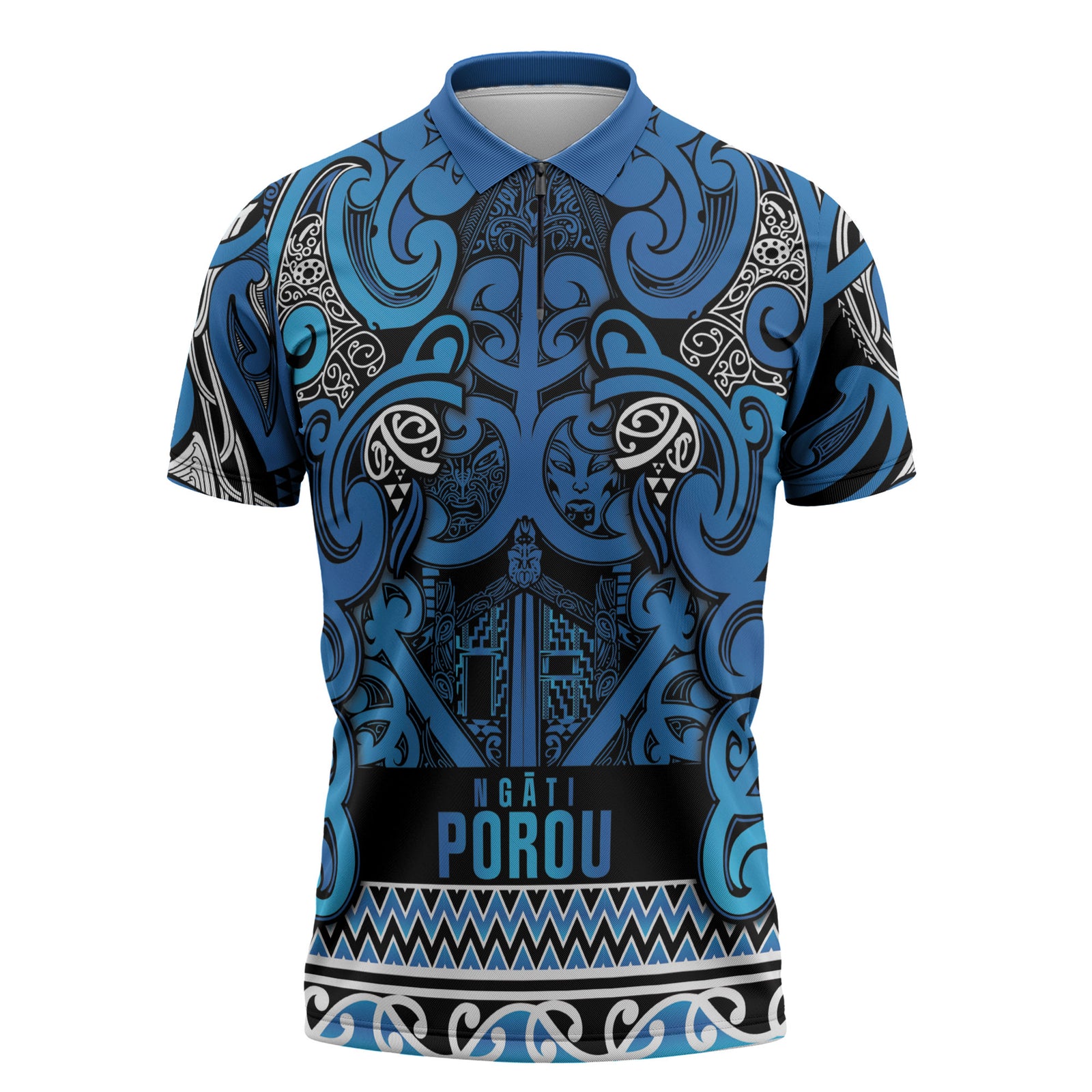 Aotearoa Iwi Ngati Porou Zipper Polo Shirt Maori Wharenui House Tribal Pattern LT9 Blue - Polynesian Pride