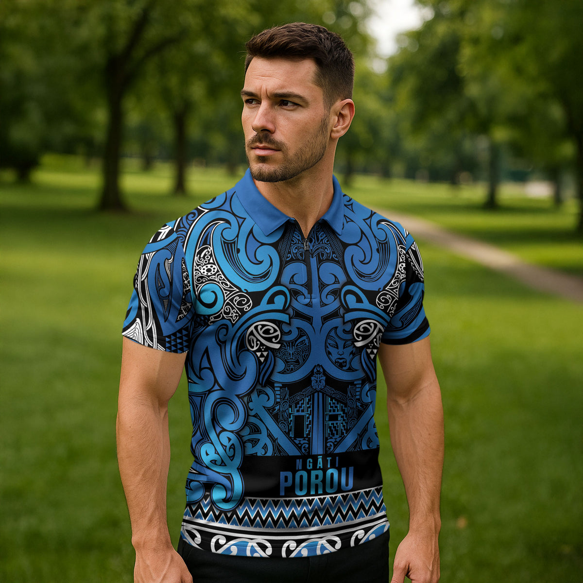Aotearoa Iwi Ngati Porou Zipper Polo Shirt Maori Wharenui House Tribal Pattern