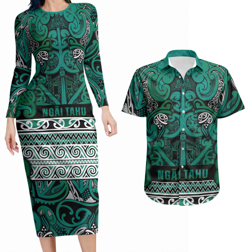 Aotearoa Iwi Ngai Tahu Couples Matching Long Sleeve Bodycon Dress and Hawaiian Shirt Maori Wharenui House Tribal Pattern LT9 Turquoise - Polynesian Pride