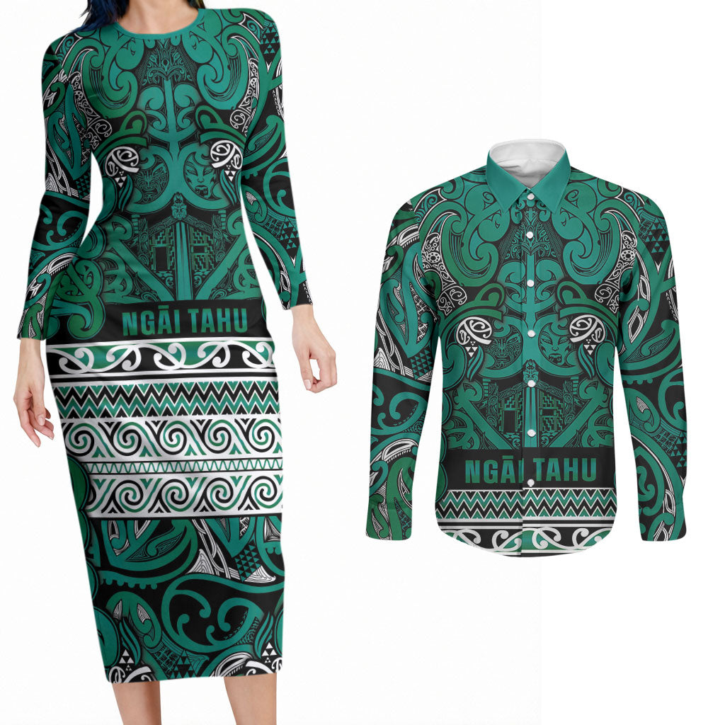 Aotearoa Iwi Ngai Tahu Couples Matching Long Sleeve Bodycon Dress and Long Sleeve Button Shirt Maori Wharenui House Tribal Pattern LT9 Turquoise - Polynesian Pride