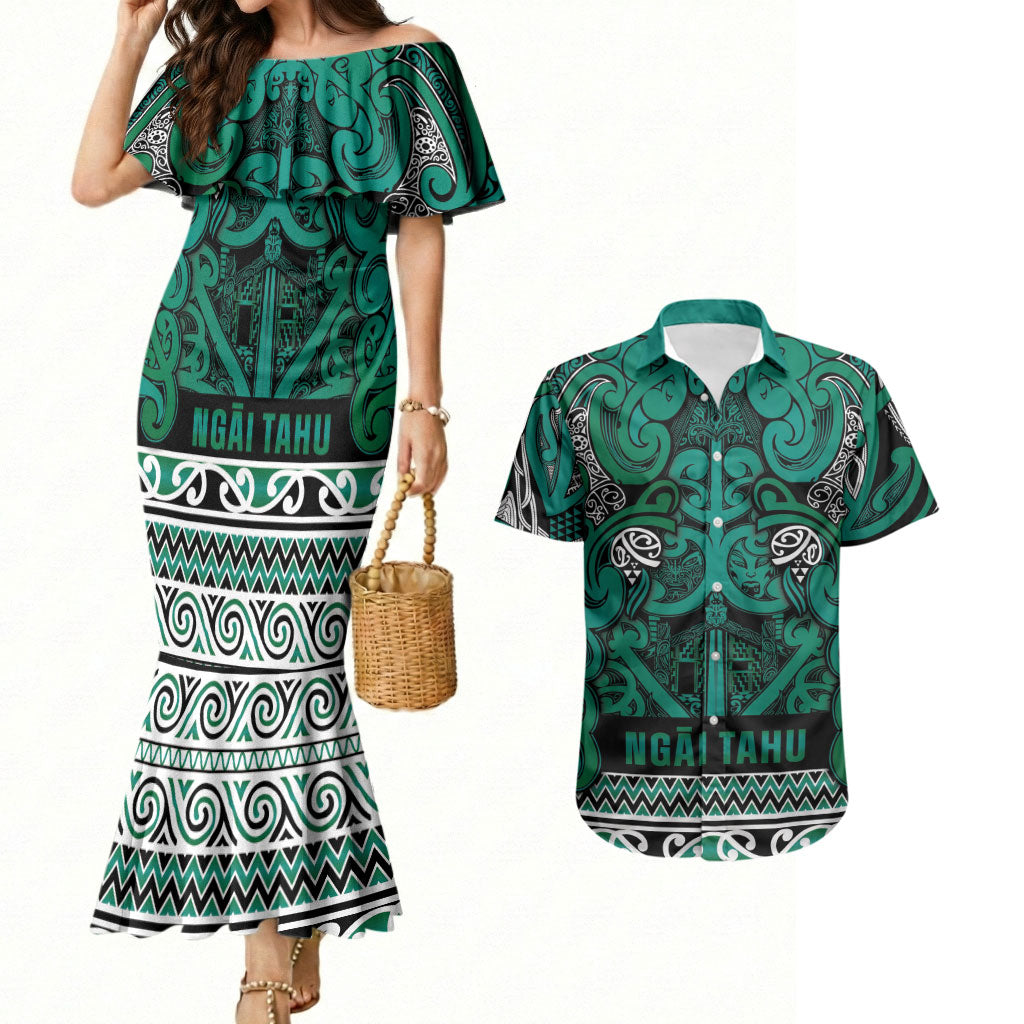 Aotearoa Iwi Ngai Tahu Couples Matching Mermaid Dress and Hawaiian Shirt Maori Wharenui House Tribal Pattern