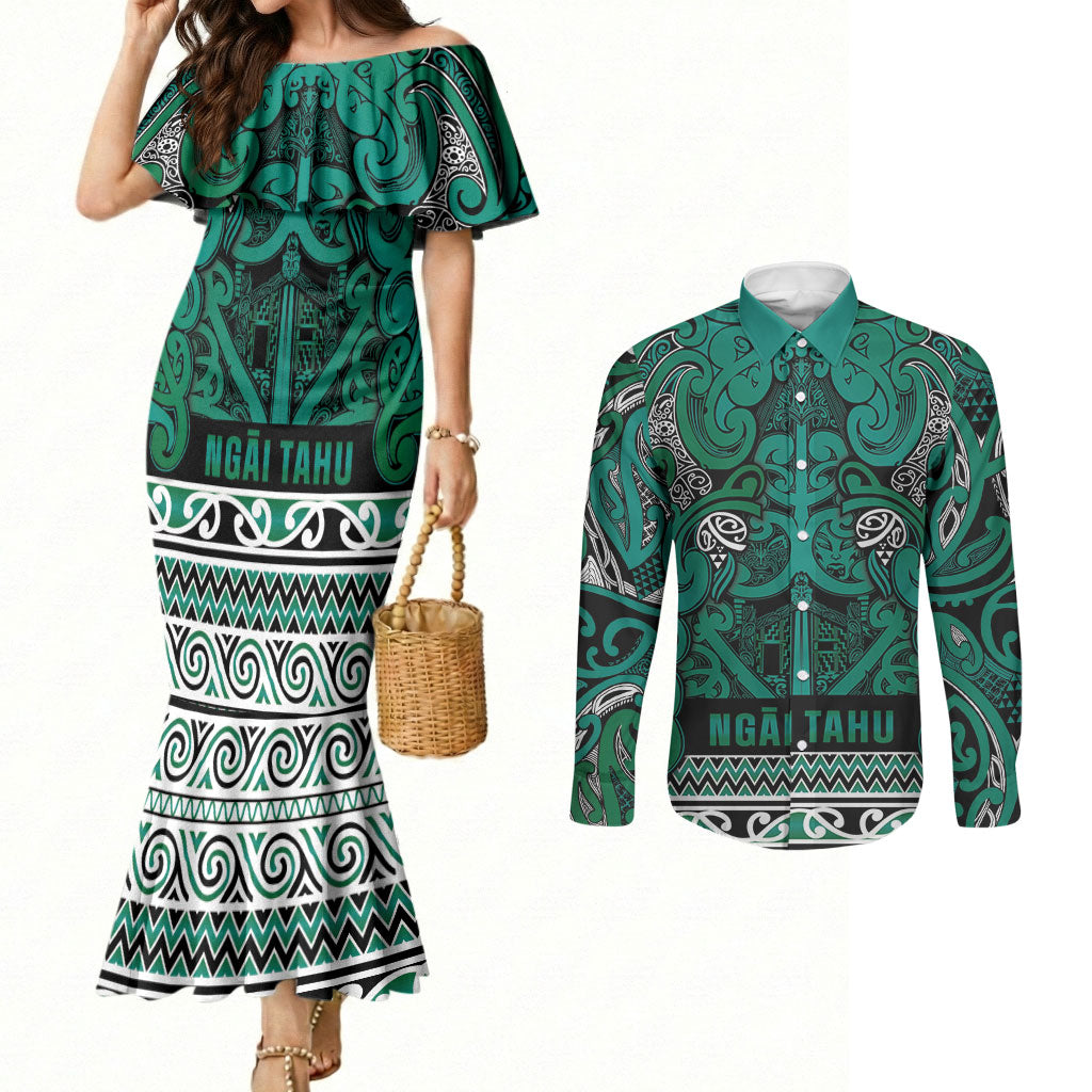 Aotearoa Iwi Ngai Tahu Couples Matching Mermaid Dress and Long Sleeve Button Shirt Maori Wharenui House Tribal Pattern LT9 Turquoise - Polynesian Pride