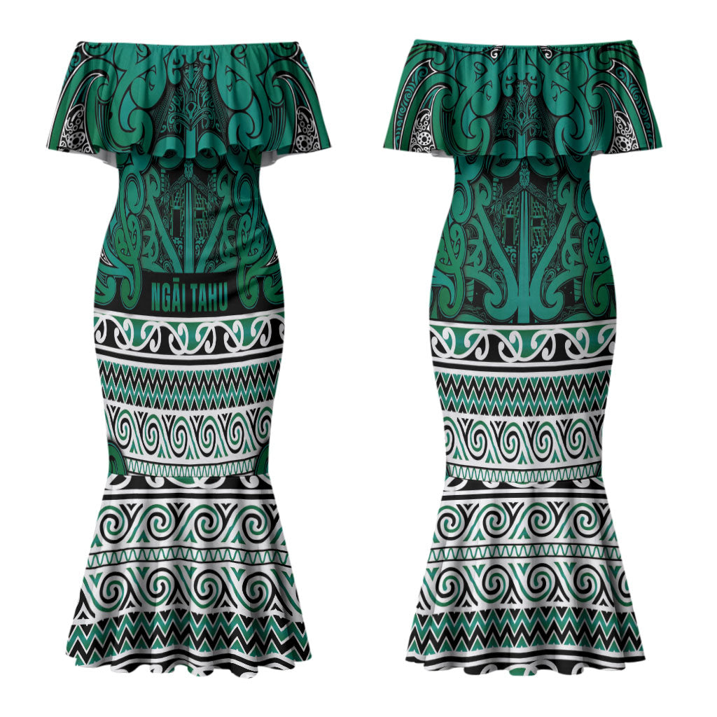 Aotearoa Iwi Ngai Tahu Couples Matching Mermaid Dress and Long Sleeve Button Shirt Maori Wharenui House Tribal Pattern