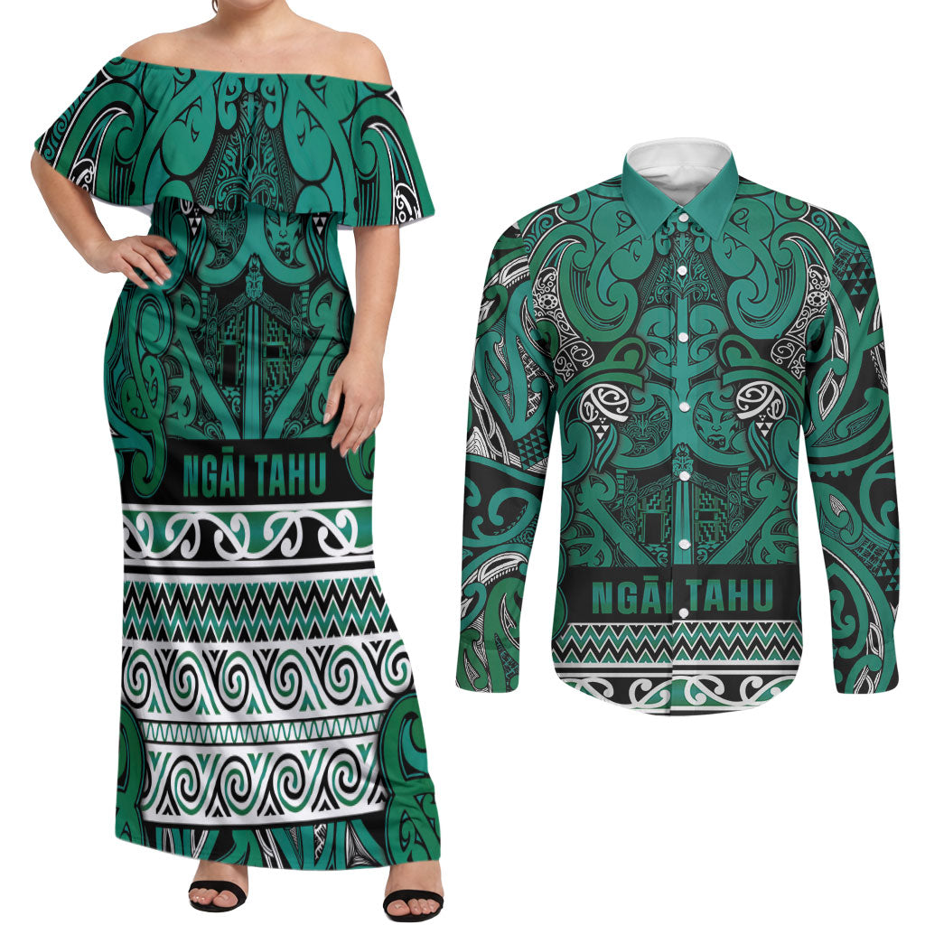 Aotearoa Iwi Ngai Tahu Couples Matching Off Shoulder Maxi Dress and Long Sleeve Button Shirt Maori Wharenui House Tribal Pattern LT9 Turquoise - Polynesian Pride