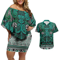 Aotearoa Iwi Ngai Tahu Couples Matching Off Shoulder Short Dress and Hawaiian Shirt Maori Wharenui House Tribal Pattern