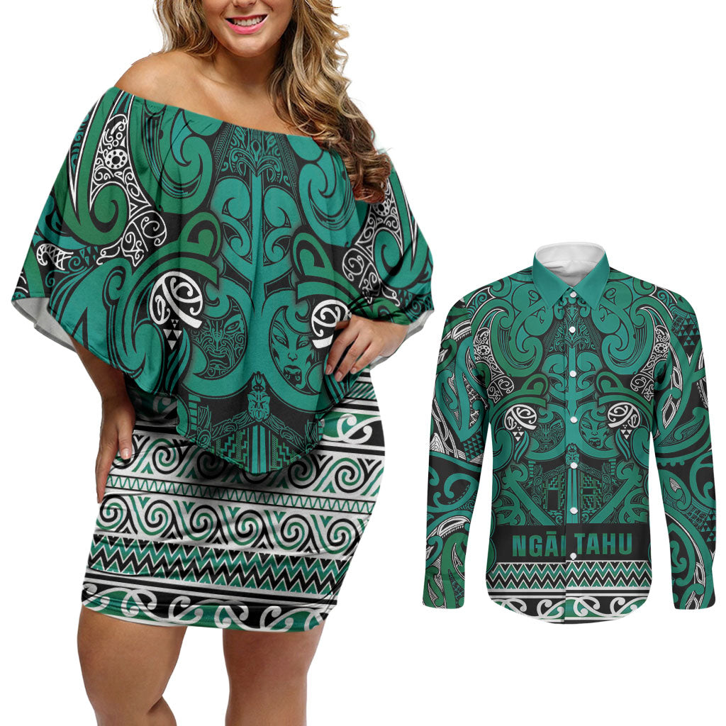 Aotearoa Iwi Ngai Tahu Couples Matching Off Shoulder Short Dress and Long Sleeve Button Shirt Maori Wharenui House Tribal Pattern