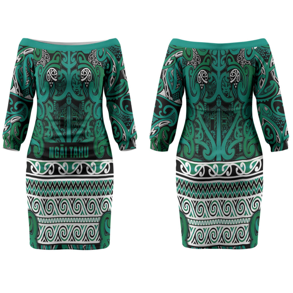 Aotearoa Iwi Ngai Tahu Couples Matching Off The Shoulder Long Sleeve Dress and Long Sleeve Button Shirt Maori Wharenui House Tribal Pattern