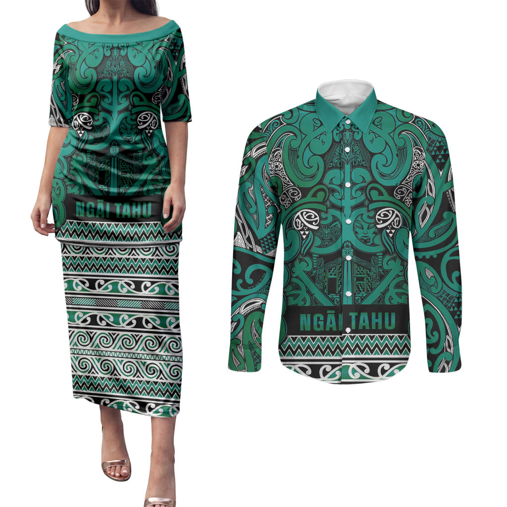 Aotearoa Iwi Ngai Tahu Couples Matching Puletasi and Long Sleeve Button Shirt Maori Wharenui House Tribal Pattern LT9 Turquoise - Polynesian Pride