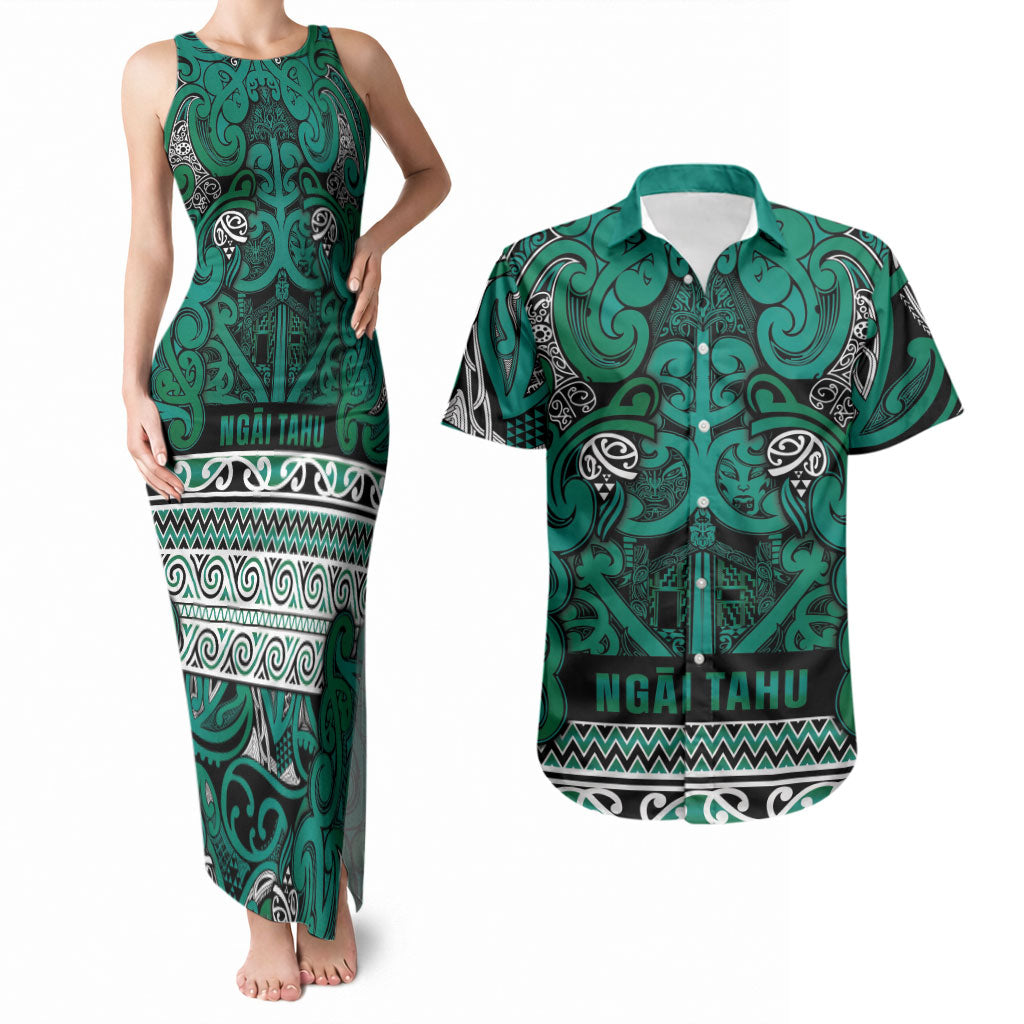Aotearoa Iwi Ngai Tahu Couples Matching Tank Maxi Dress and Hawaiian Shirt Maori Wharenui House Tribal Pattern LT9 Turquoise - Polynesian Pride