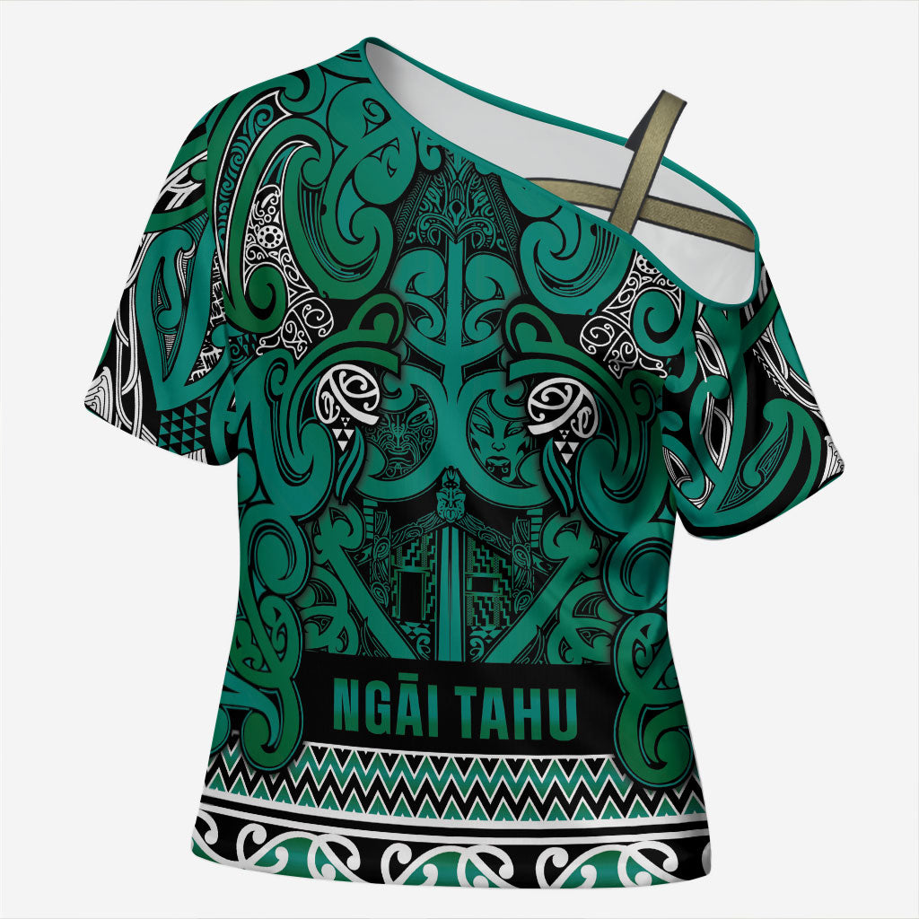 Aotearoa Iwi Ngai Tahu Cross Shoulder Shirt Maori Wharenui House Tribal Pattern LT9 Female Turquoise - Polynesian Pride