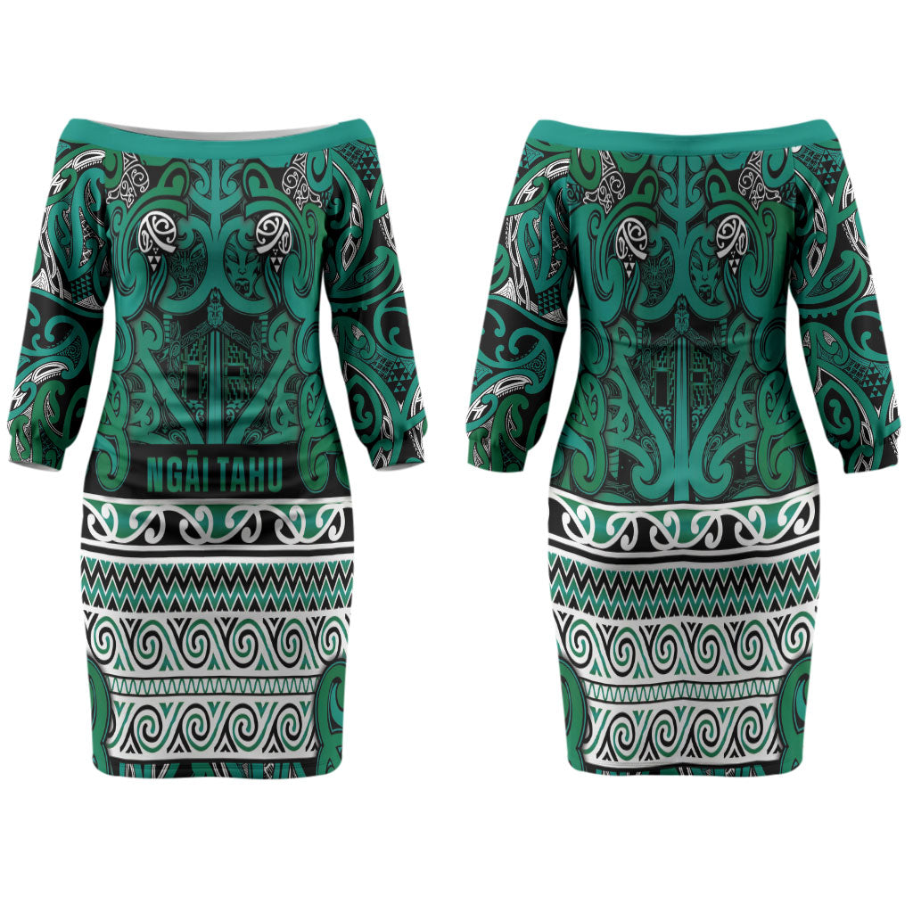 Aotearoa Iwi Ngai Tahu Family Matching Off The Shoulder Long Sleeve Dress and Hawaiian Shirt Maori Wharenui House Tribal Pattern