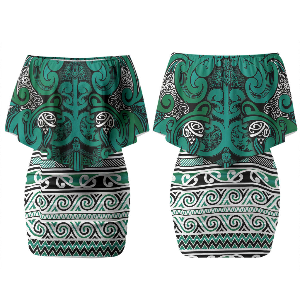 Aotearoa Iwi Ngai Tahu Family Matching Off Shoulder Short Dress and Hawaiian Shirt Maori Wharenui House Tribal Pattern
