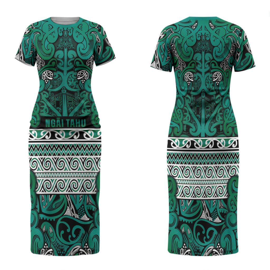 Aotearoa Iwi Ngai Tahu Family Matching Short Sleeve Bodycon Dress and Hawaiian Shirt Maori Wharenui House Tribal Pattern