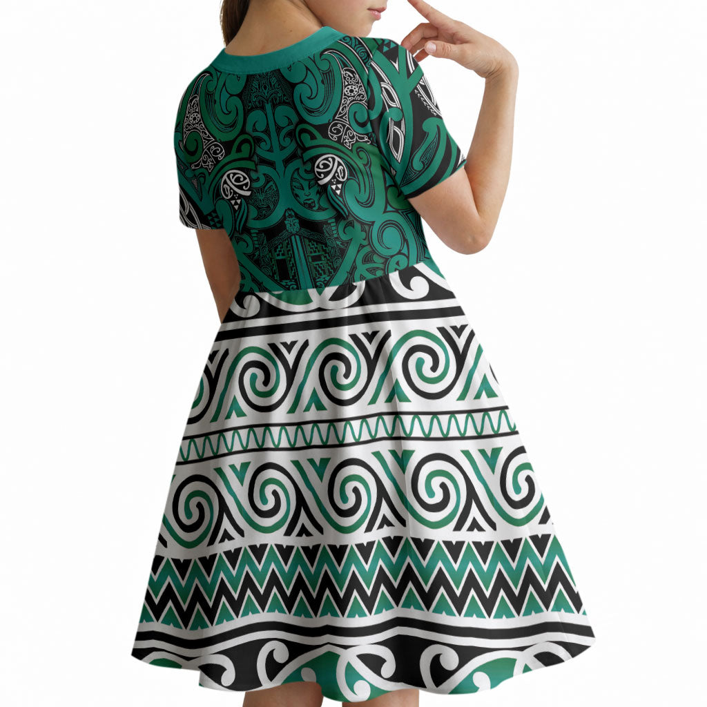 Aotearoa Iwi Ngai Tahu Kid Short Sleeve Dress Maori Wharenui House Tribal Pattern