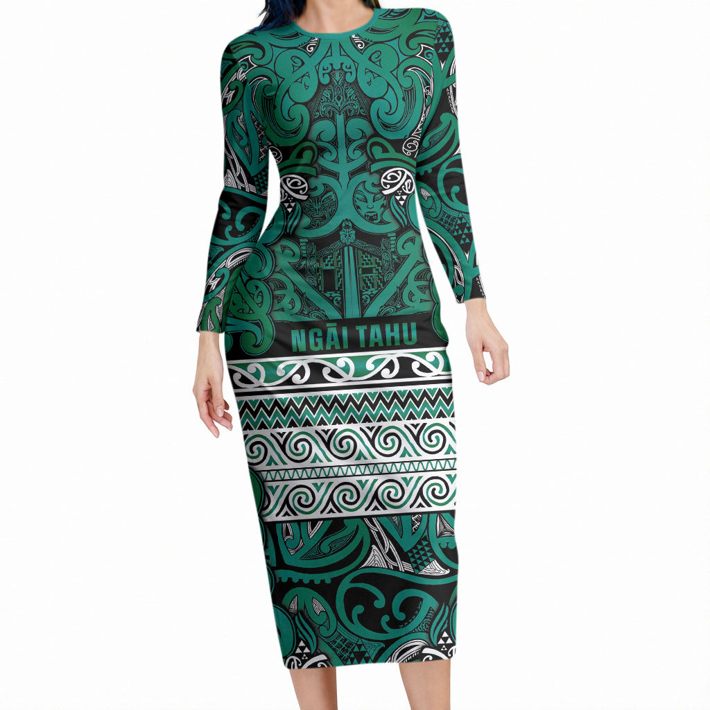 Aotearoa Iwi Ngai Tahu Long Sleeve Bodycon Dress Maori Wharenui House Tribal Pattern LT9 Long Dress Turquoise - Polynesian Pride