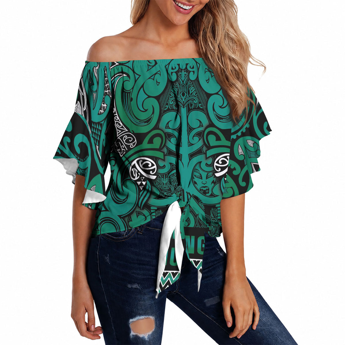 Aotearoa Iwi Ngai Tahu Off Shoulder Wrap Waist Top Maori Wharenui House Tribal Pattern